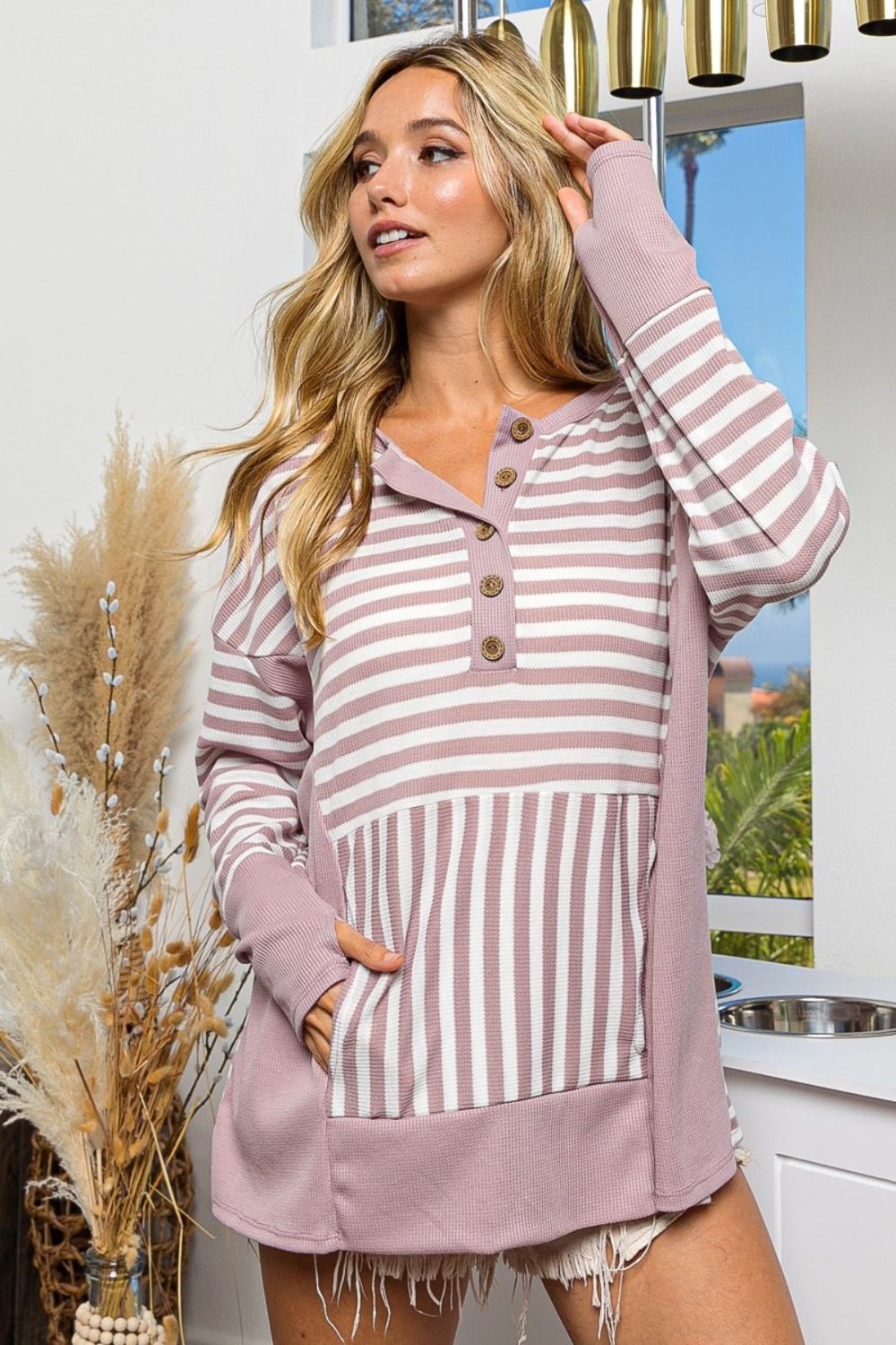 BiBi Striped Thumbhole Long Sleeve Top - Happily Ever Atchison Shop Co.