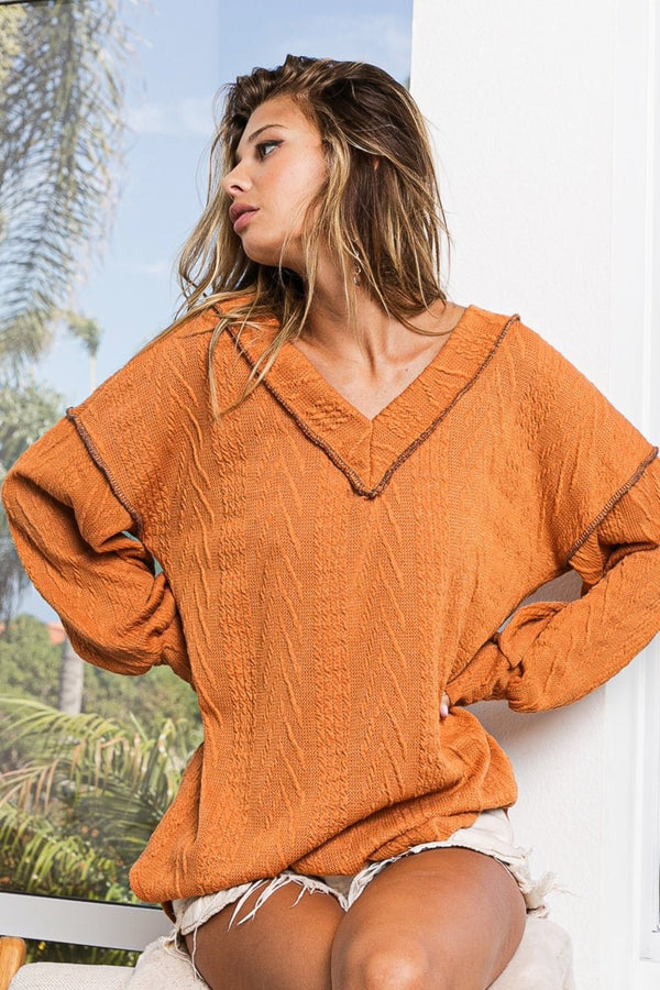 BiBi Textured Exposed Seam Drop Shoulder Knit Top - Happily Ever Atchison Shop Co.