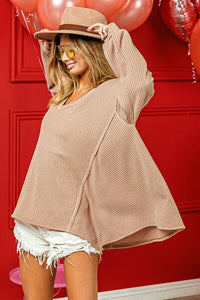 BiBi V-Neck Waffle Uneven Hem Top - Happily Ever Atchison Shop Co.