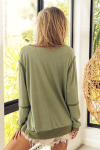 BiBi Waffle Knit Contrast Trim Long Sleeve T-Shirt - Happily Ever Atchison Shop Co.