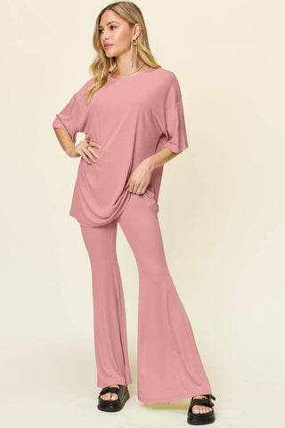 Double Take Full Size Round Neck Drop Shoulder T-Shirt and Flare Pants Set - 1985 the VAULT Boutique