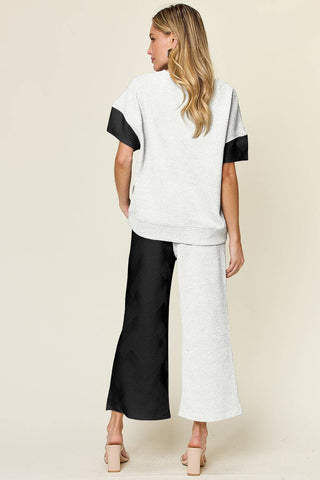 Double Take Full Size Texture Contrast T-Shirt and Wide Leg Pants Set - 1985 the VAULT Boutique