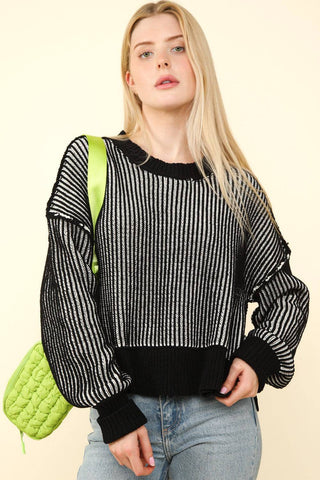 VERY J Exposed Seam Cropped Striped Slit Sweater - 1985 the VAULT Boutique