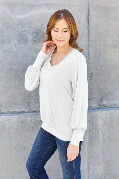 Basic Bae Full Size V-Neck Lantern Sleeve Blouse - 1985 the VAULT Boutique