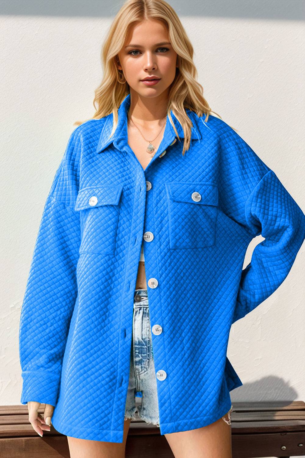 Double Take Full Size Textured Button Up Drop Shoulder Shacket