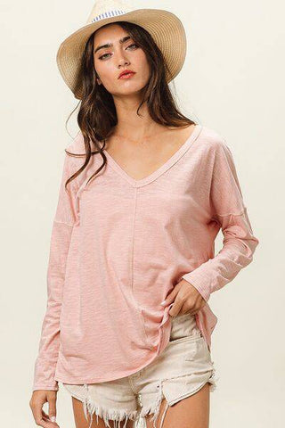 BiBi Exposed Seam V-Neck Long Sleeve T-Shirt - 1985 the VAULT Boutique