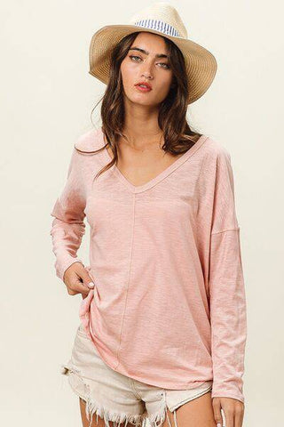 BiBi Exposed Seam V-Neck Long Sleeve T-Shirt - 1985 the VAULT Boutique