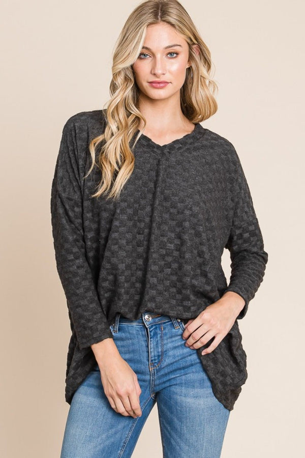 BOMBOM Checkered Long Sleeve V - Neck T - Shirt - Happily Ever Atchison Shop Co.