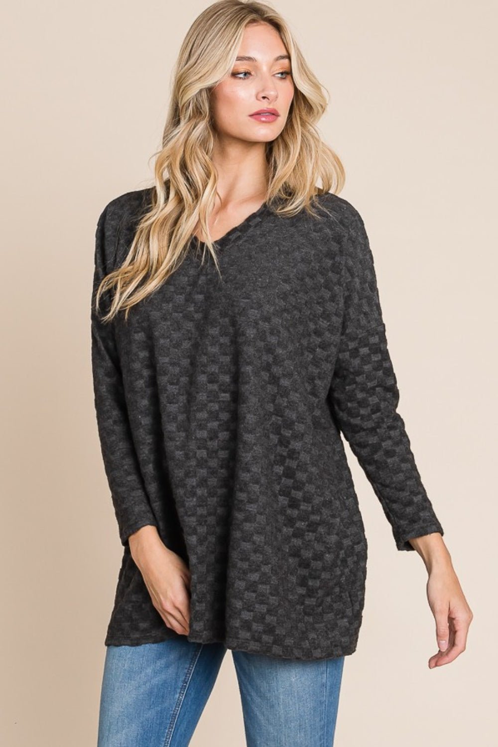 BOMBOM Checkered Long Sleeve V - Neck T - Shirt - Happily Ever Atchison Shop Co.