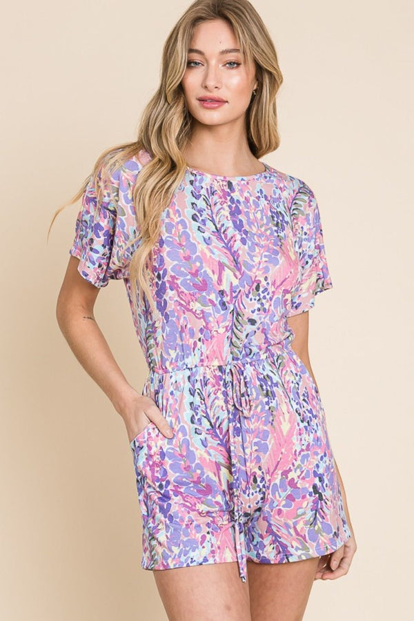 BOMBOM Print Short Sleeve Romper with Pockets - Happily Ever Atchison Shop Co.