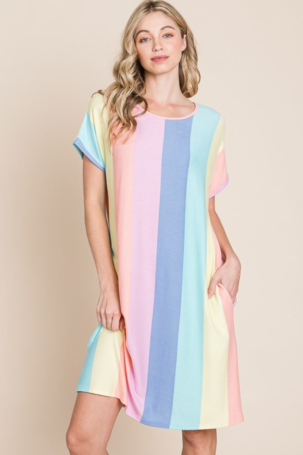 BOMBOM Striped Short Sleeve Dress with Pockets - Happily Ever Atchison Shop Co.