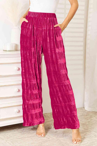 Double Take Full Size High Waist Tiered Shirring Velvet Wide Leg Pants - 1985 the VAULT Boutique