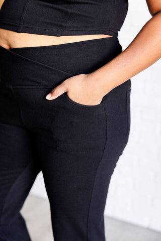 Building Habits Twill Flared Crossover Waist Pant in Black - 1985 the VAULT Boutique