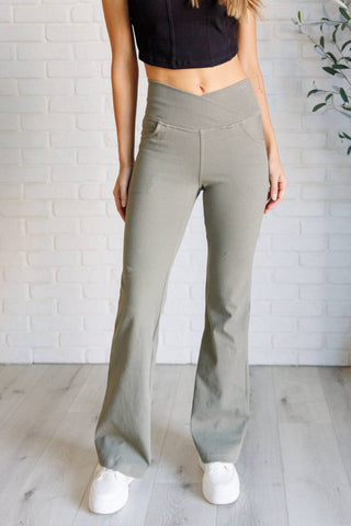 Building Habits Twill Flared Crossover Waist Pant in Dusty Olive - 1985 the VAULT Boutique