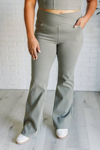 Building Habits Twill Flared Crossover Waist Pant in Dusty Olive - 1985 the VAULT Boutique