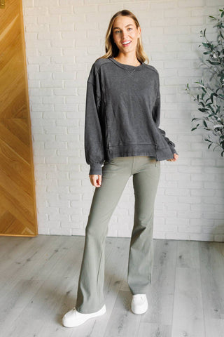 Building Habits Twill Flared Crossover Waist Pant in Dusty Olive - 1985 the VAULT Boutique