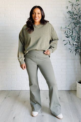 Building Habits Twill Flared Crossover Waist Pant in Dusty Olive - 1985 the VAULT Boutique