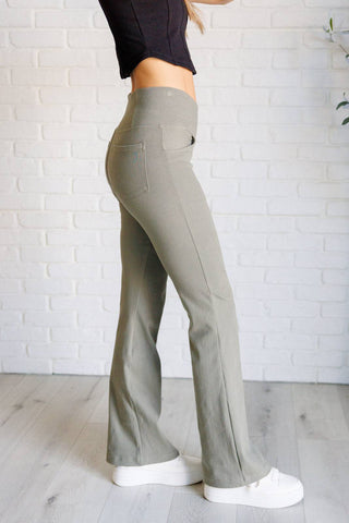 Building Habits Twill Flared Crossover Waist Pant in Dusty Olive - 1985 the VAULT Boutique