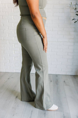 Building Habits Twill Flared Crossover Waist Pant in Dusty Olive - 1985 the VAULT Boutique