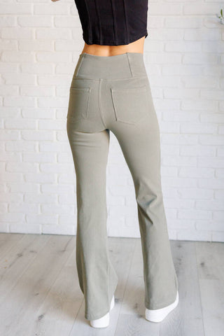 Building Habits Twill Flared Crossover Waist Pant in Dusty Olive - 1985 the VAULT Boutique