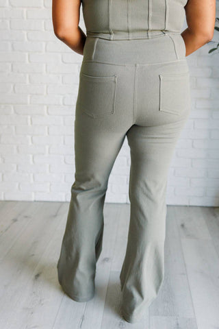 Building Habits Twill Flared Crossover Waist Pant in Dusty Olive - 1985 the VAULT Boutique