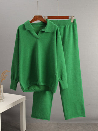 Johnny Collar Long Sleeve Top and Pants Sweater Set - 1985 the VAULT Boutique