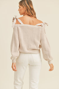 MABLE Off Shoulder Self Tie Strap Button Down Sweater - 1985 THE VAULT