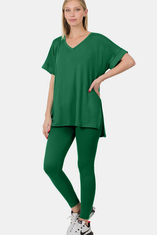 Zenana V-Neck Rolled Short Sleeve T-Shirt and Leggings Lounge Set - 1985 the VAULT Boutique