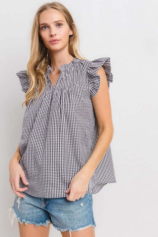 Ces Femme Plaid Notched Ruffled Cap Sleeve Blouse - 1985 the VAULT Boutique