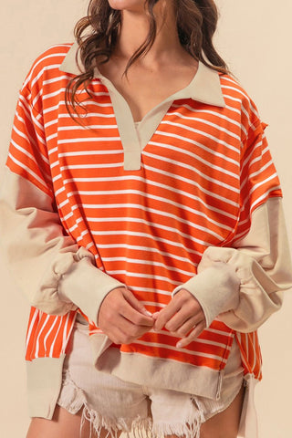 Striped Johnny Collar Long Sleeve Sweatshirt - 1985 the VAULT Boutique