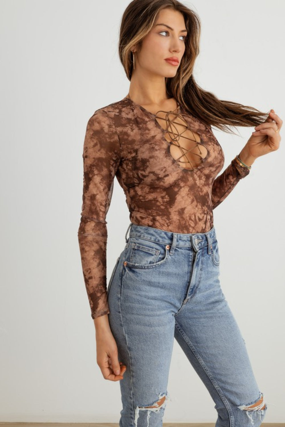 HERA COLLECTION Abstract Mesh Lace-Up Long Sleeve Bodysuit - 1985 the VAULT Boutique