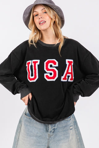 Sage + Fig USA Letter Patch Round Neck Sweatshirt - 1985 the VAULT Boutique