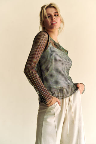 Davi & Dani Sparkling Rhinestone Sheer Mesh Round Neck Top - 1985 the VAULT Boutique