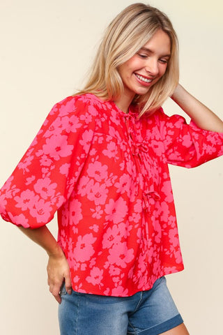 Haptics Full Size Ribbon Bow Floral Balloon Sleeve Blouse - 1985 the VAULT Boutique