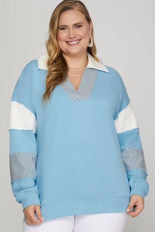 She + Sky Full Size Color Block Sleeve Johnny Collar French Terry Sweatshirt Plus Size - 1985 the VAULT Boutique