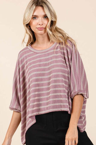 Mittoshop Texture Striped Print Round Neck Dolman Sleeve Top - 1985 the VAULT Boutique