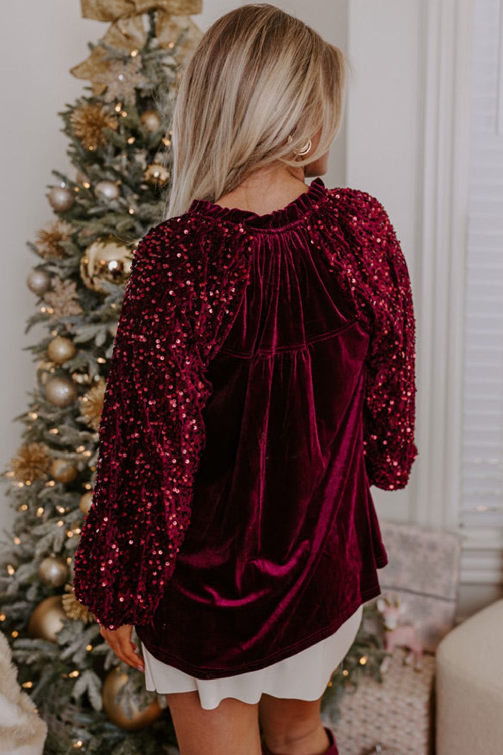 Sequin Notched Long Sleeve Blouse - 1985 the VAULT Boutique