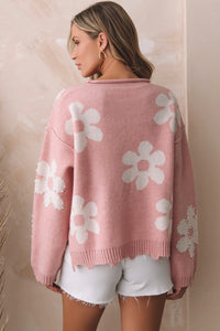 Flower Pattern Pearl Detail Rolled Slit Sweater - 1985 the VAULT Boutique