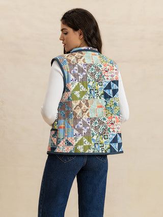 Printed Patchwork Contrast Piping Vest - 1985 the VAULT Boutique