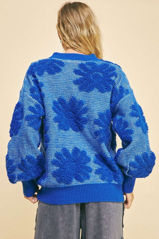 Davi & Dani Flower Texture Round Neck Dropped Shoulder Sweater - 1985 the VAULT Boutique