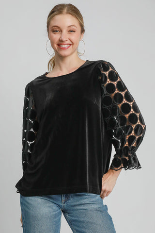 Umgee Polka Dot Lace Long Sleeve Round Neck Blouse - 1985 the VAULT Boutique