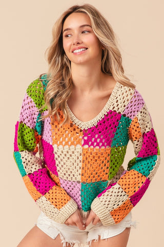 BiBi Multi Color Checkered Long Sleeve Knit Top - 1985 the VAULT Boutique