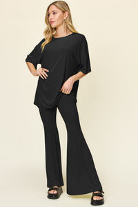 Double Take Full Size Round Neck Drop Shoulder T-Shirt and Flare Pants Set - 1985 the VAULT Boutique