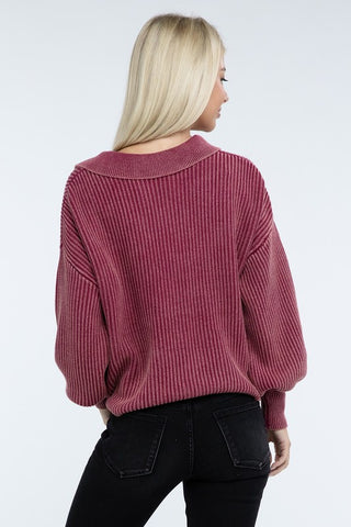 Washed Collared Henley Sweater - 1985 the VAULT Boutique