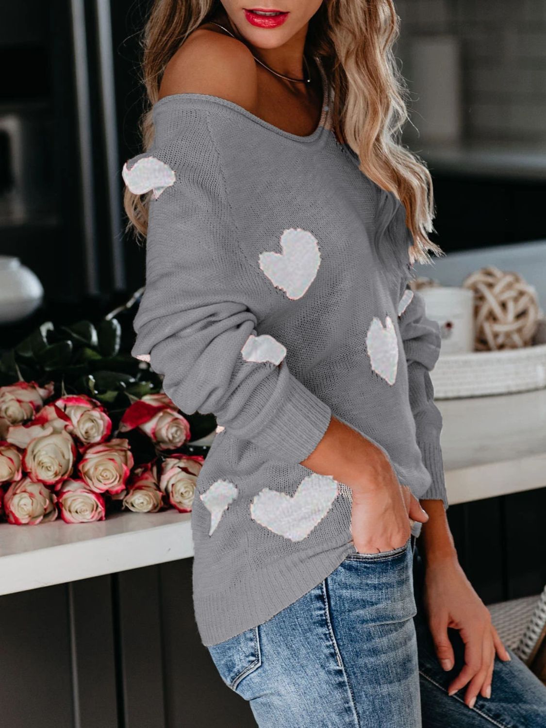 Heart Scoop Neck Long Sleeve Sweater - 1985 the VAULT Boutique