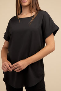 Woven Heavy Dobby Rolled Sleeve Boat Neck Top - 1985 the VAULT Boutique