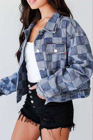 Checkered Button Up Denim Jacket - 1985 the VAULT Boutique