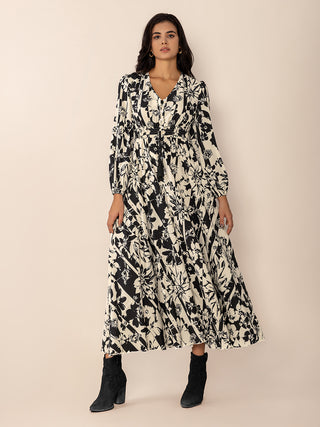 Tied Printed V-Neck Long Sleeve Midi Dress - 1985 the VAULT Boutique