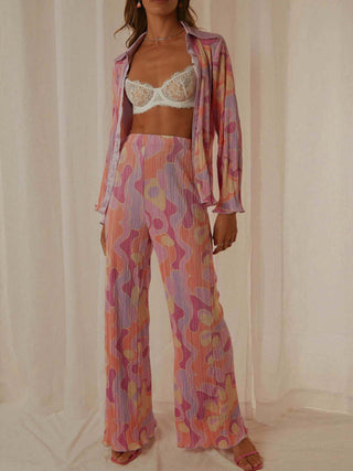 Printed Collared Neck Long Sleeve Top and Pants Lounge Set - 1985 the VAULT Boutique