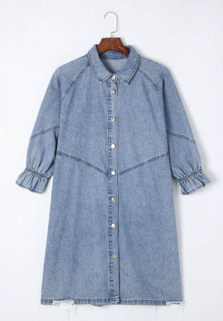 Distressed Collared Neck Flounce Sleeve Denim Dress - 1985 the VAULT Boutique